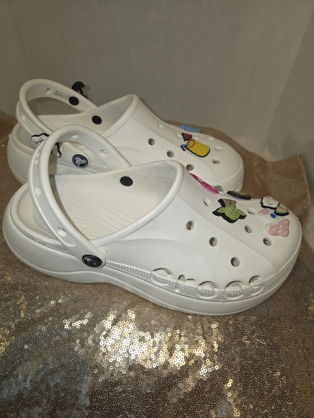 CROCS White Platform Sandals with Colorful Removable Charms